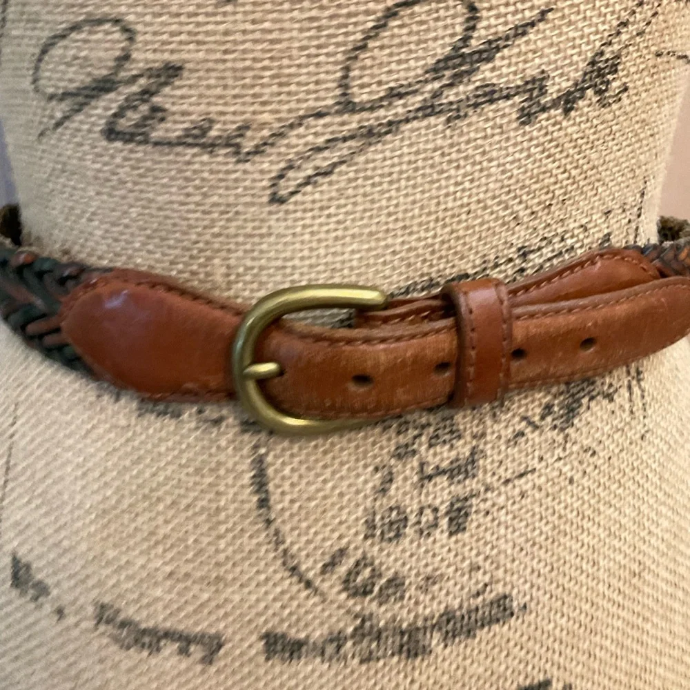 Men’s Size 44 Braided Brown black Genuine Leather Brass Buckle Belt